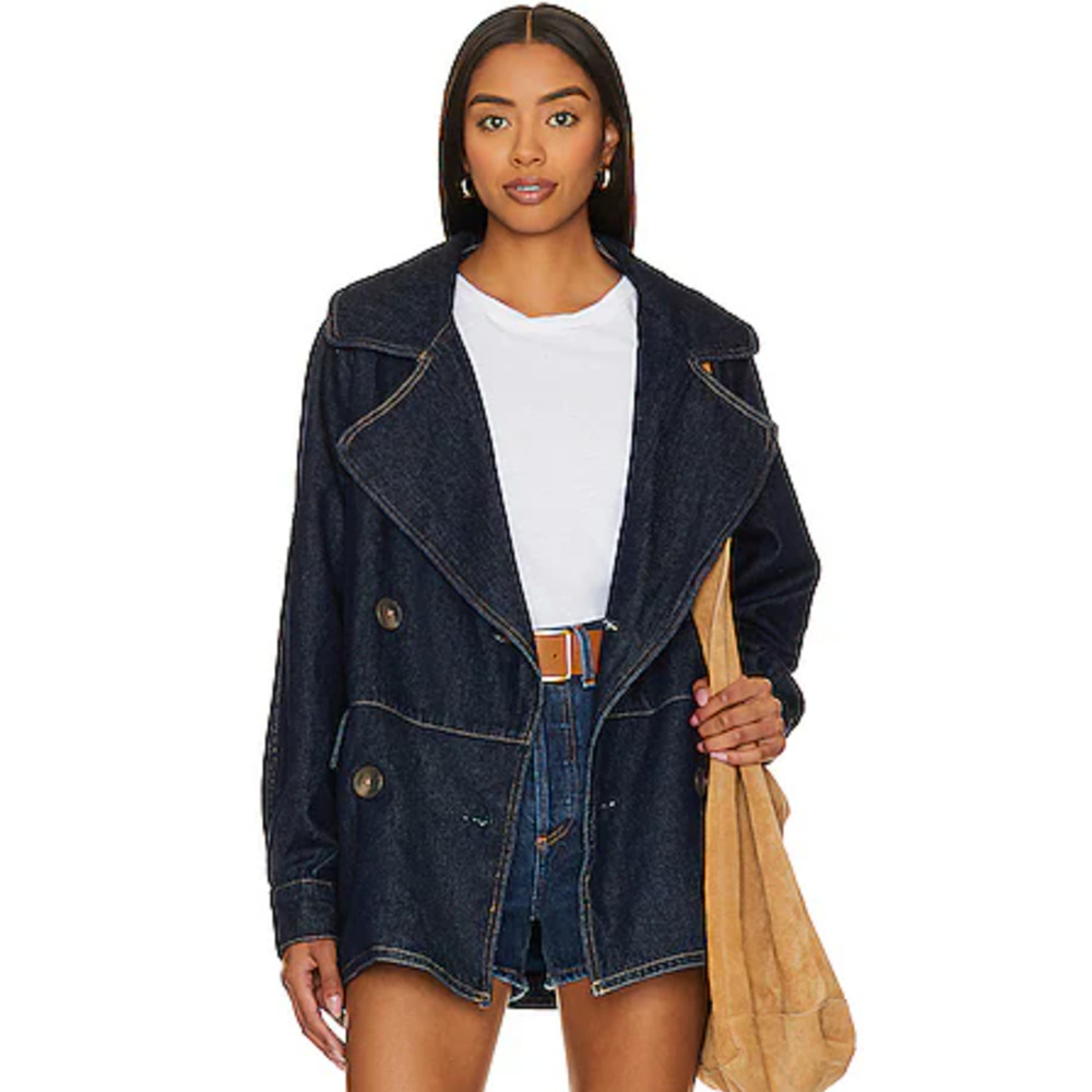 NEW FREE PEOPLE DARK RINSE WASH DENIM CAR COAT JACKET SZ L